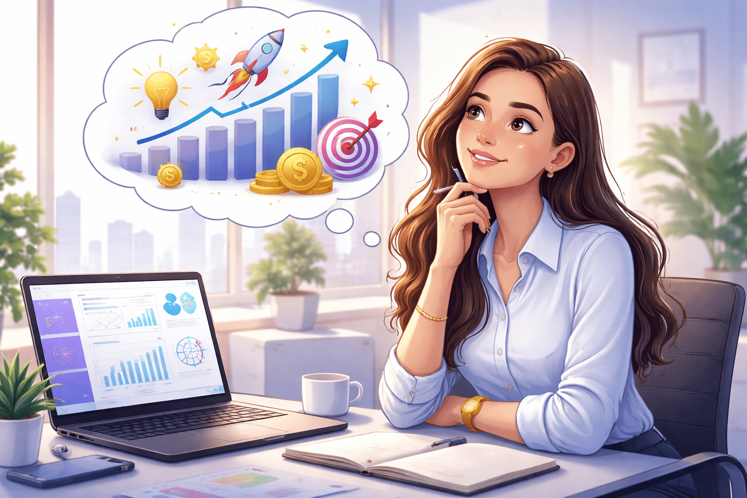 a girl thinking about future growth of her digital marketing agency while working on a laptop with analytics dashboard and growth icons above her.