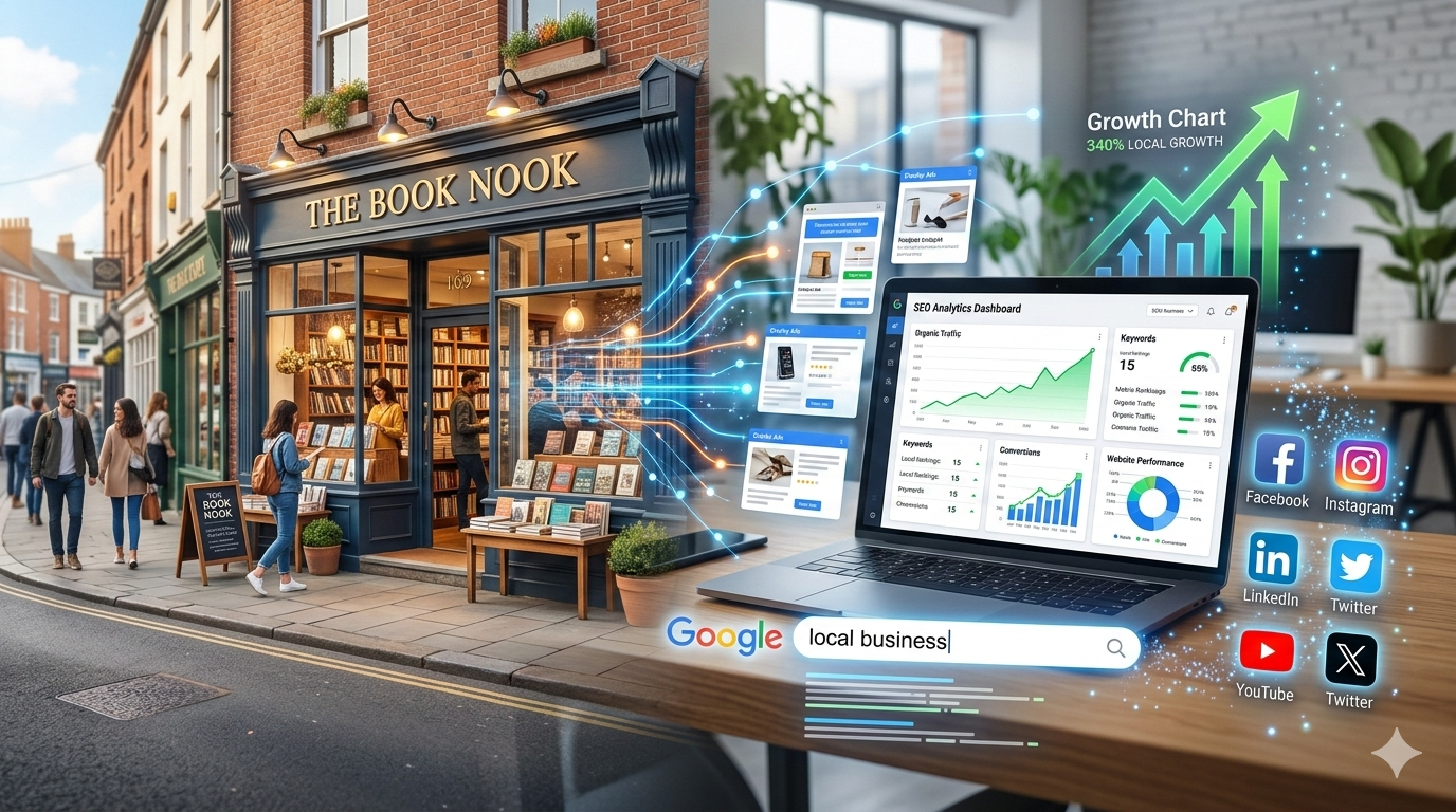 “Local business online marketing strategy showing bookstore growth through SEO analytics, Google search visibility, and social media promotion.”