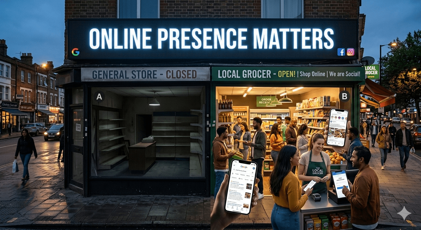 A comparative illustration of a local business online showing a busy shop with customers using Google and social media versus a dark, empty store with no digital presence.