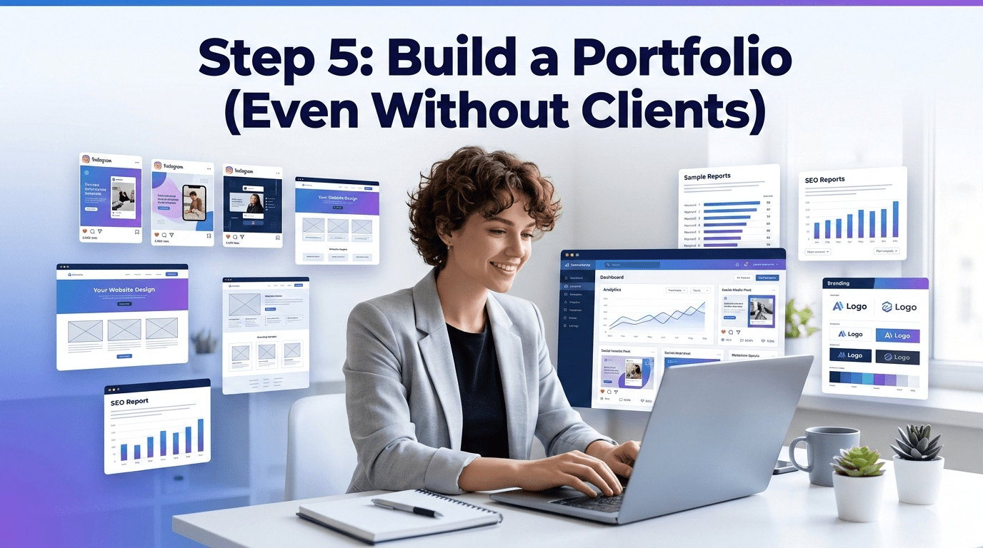 How to start digital marketing agency in 2026 – building a portfolio without clients on laptop