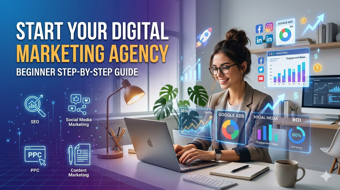 Blog thumbnail for “How to Start a Digital Marketing Agency” showing a young entrepreneur working on a laptop in a modern home office, surrounded by digital marketing graphics like SEO charts, Google Ads dashboard, social media icons, PPC, analytics graphs, and ROI indicators, with bold headline text “Start Your Digital Marketing Agency – Beginner Step-by-Step Guide” on a blue and purple tech-themed background.