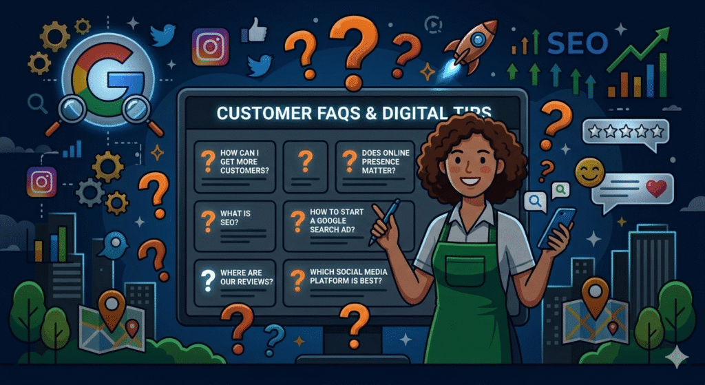 A dark-themed modern illustration of a local business online owner standing next to a digital FAQ board featuring questions about SEO, Google search, and social media marketing.