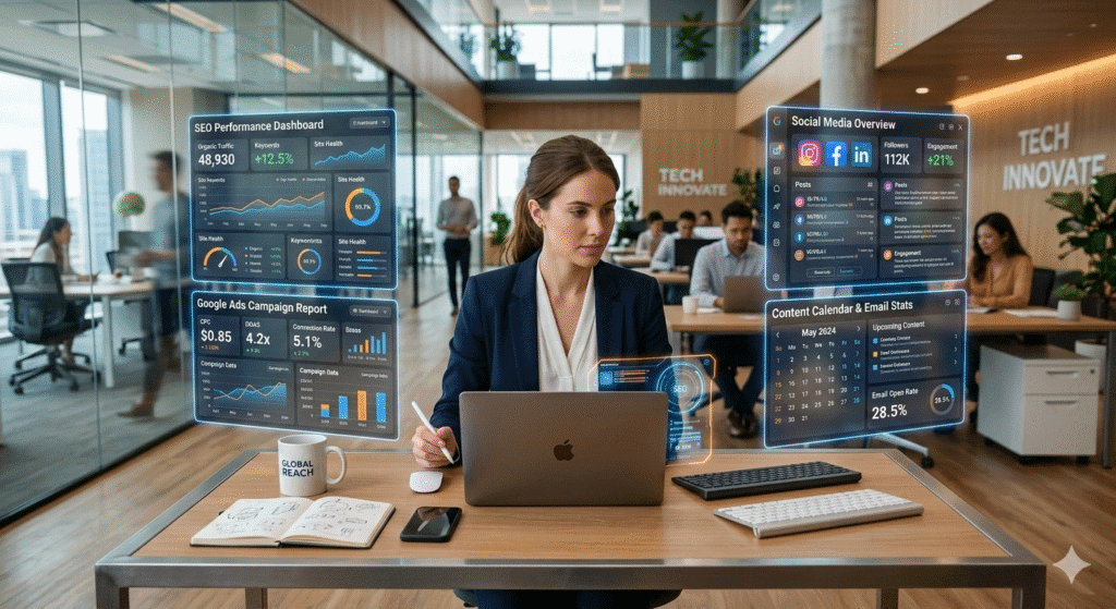 Professional woman working on a laptop in a modern office with holographic digital marketing dashboards displaying SEO performance, Google Ads reports, social media analytics, and email campaign statistics floating around her.