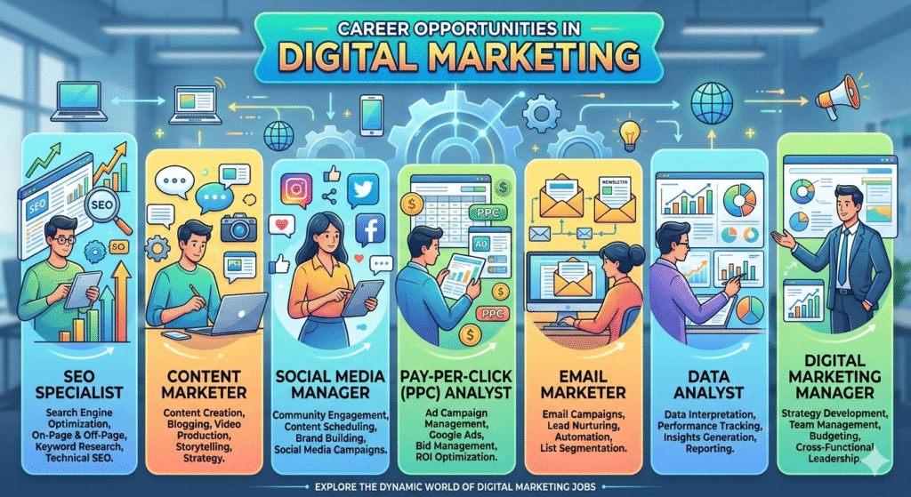 An infographic titled "Career Opportunities in Digital Marketing" featuring seven vertical panels. Each panel displays a professional character and job titles including SEO Specialist, Content Marketer, Social Media Manager, PPC Analyst, Email Marketer, Data Analyst, and Digital Marketing Manager, along with their primary responsibilities