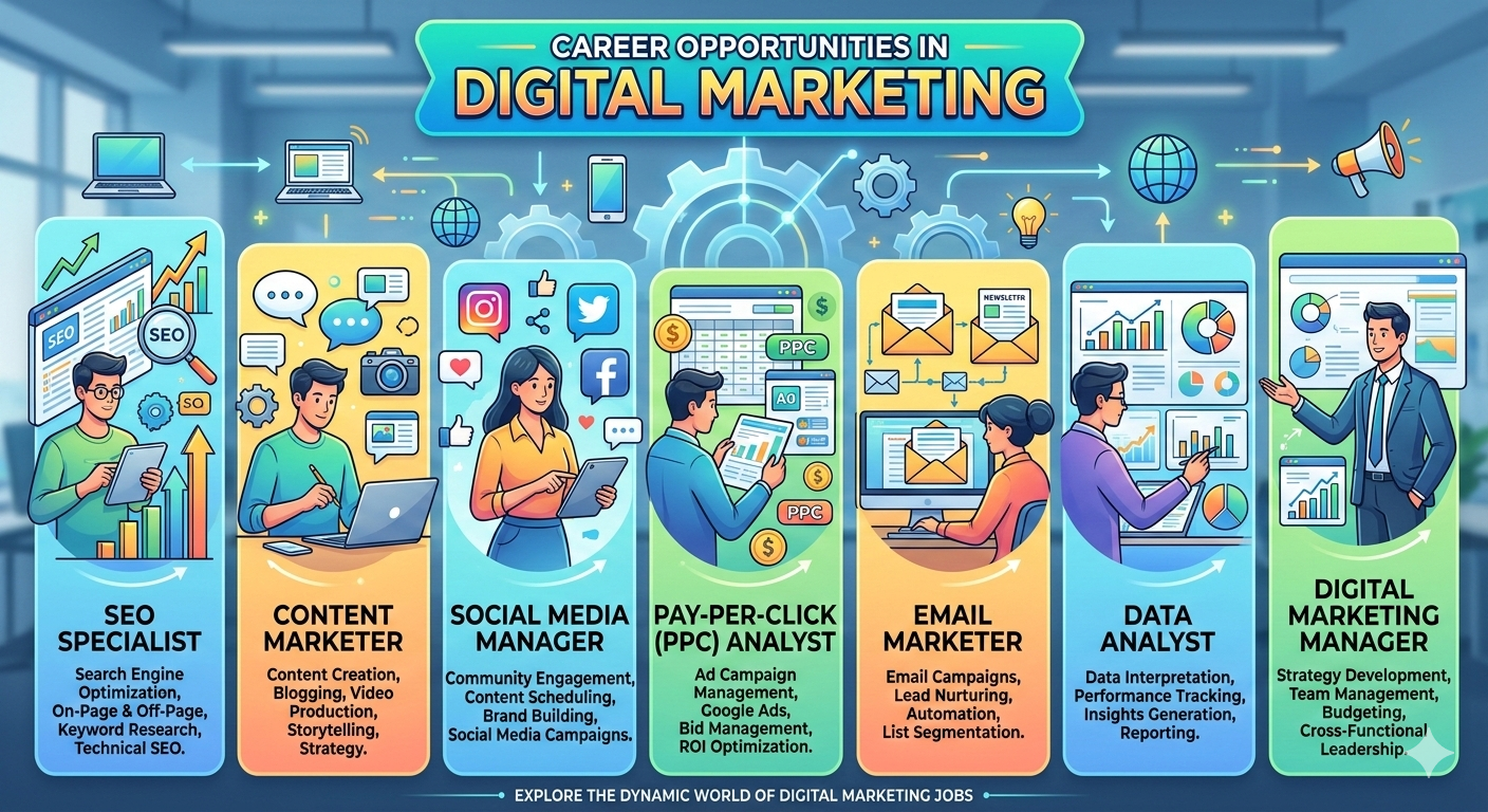 An infographic titled "Career Opportunities in Digital Marketing" featuring seven vertical panels. Each panel displays a professional character and job titles including SEO Specialist, Content Marketer, Social Media Manager, PPC Analyst, Email Marketer, Data Analyst, and Digital Marketing Manager, along with their primary responsibilities